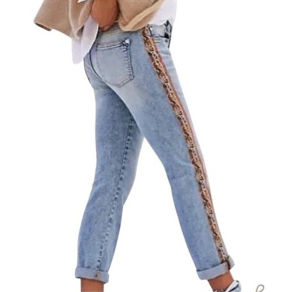 Pilcro Anthropologie Slim Boyfriend Jeans Blue Camo Side Trim Size 27 Bohemian